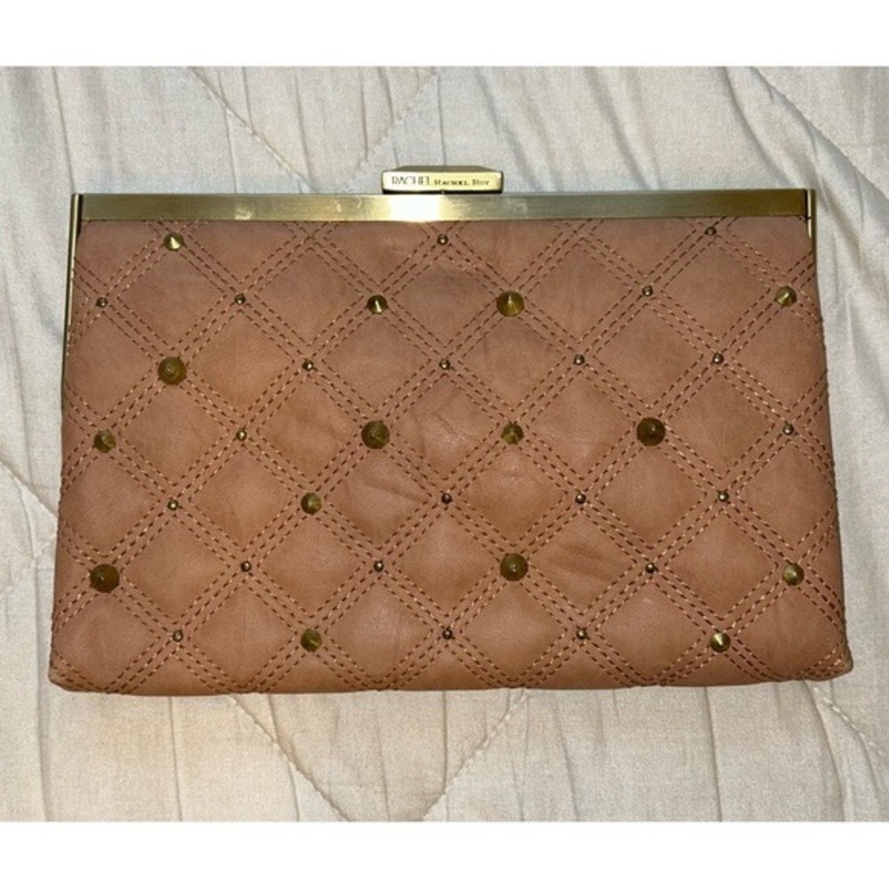 Rachel Rachel Roy Quilted Studded Frame Clutch Bag Tan Gold Nude‎ Evening Purse